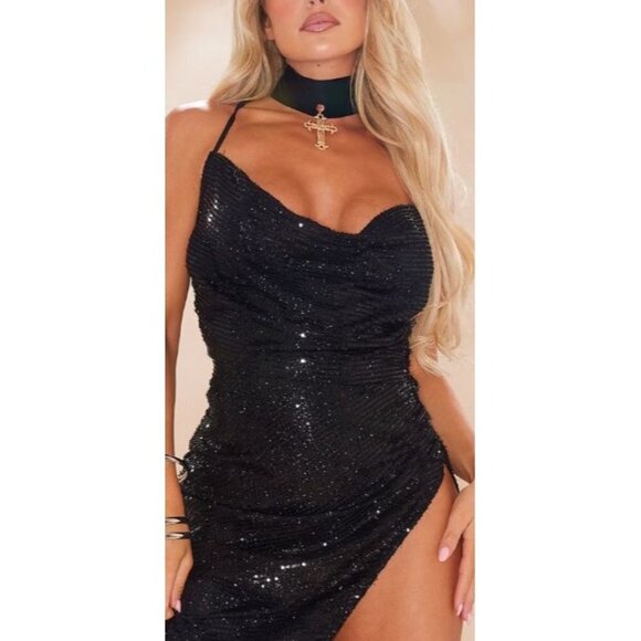 Black Sequin Party Dress Cowl Neck Strappy Backless Slit Maxi Evening Gown - Picture 3 of 15